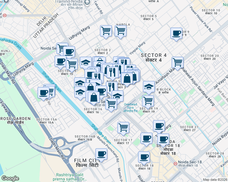 map of restaurants, bars, coffee shops, grocery stores, and more near in Noida