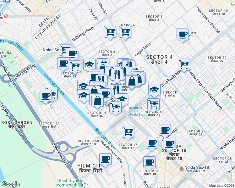 map of restaurants, bars, coffee shops, grocery stores, and more near in Noida