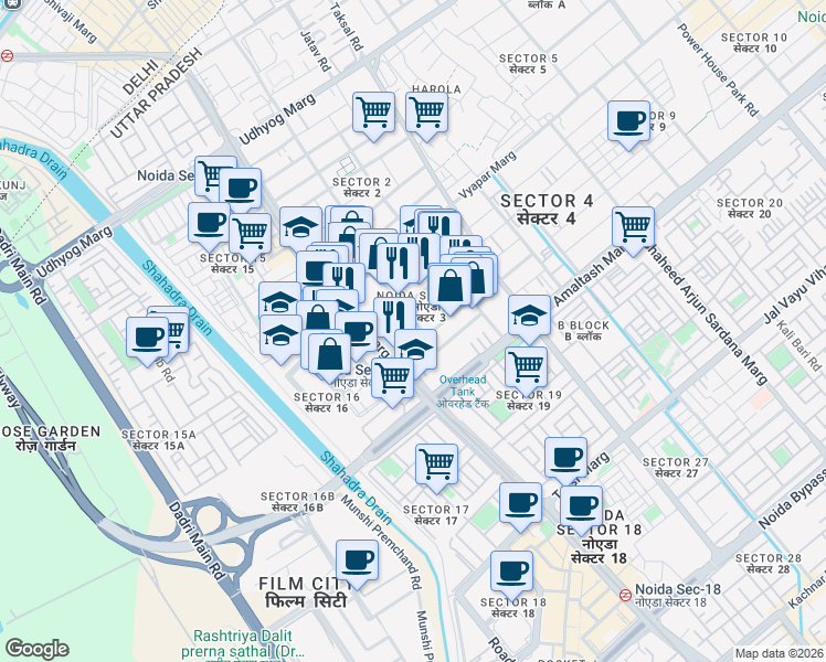 map of restaurants, bars, coffee shops, grocery stores, and more near in Noida