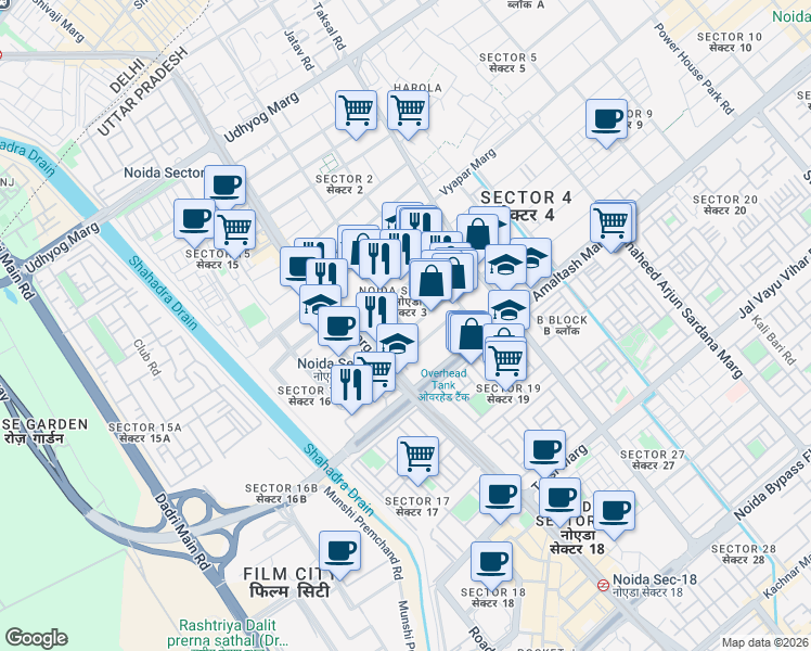 map of restaurants, bars, coffee shops, grocery stores, and more near in Noida