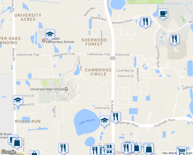 map of restaurants, bars, coffee shops, grocery stores, and more near 11751 College Park Trail in Orlando