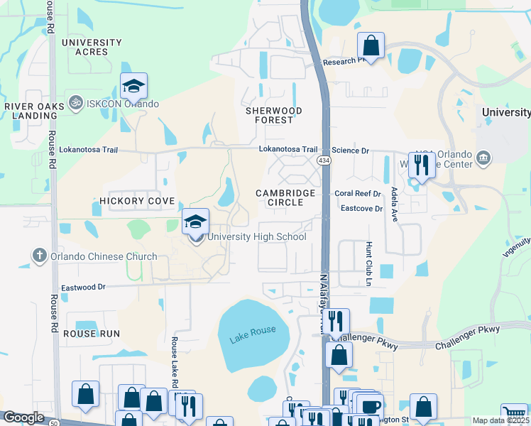 map of restaurants, bars, coffee shops, grocery stores, and more near 11715 College Park Trail in Orlando