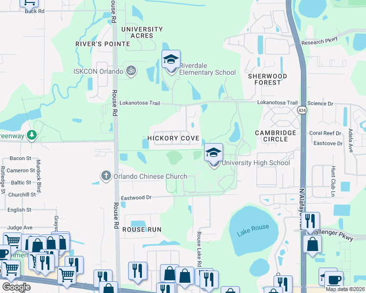 map of restaurants, bars, coffee shops, grocery stores, and more near 11342 Pinewood Cove Lane in Orlando