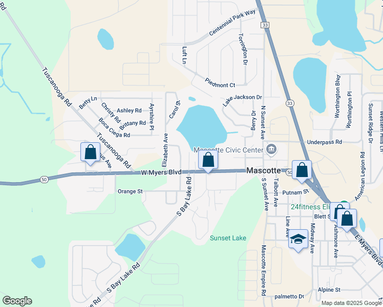 map of restaurants, bars, coffee shops, grocery stores, and more near 53 North Carol Avenue in Mascotte