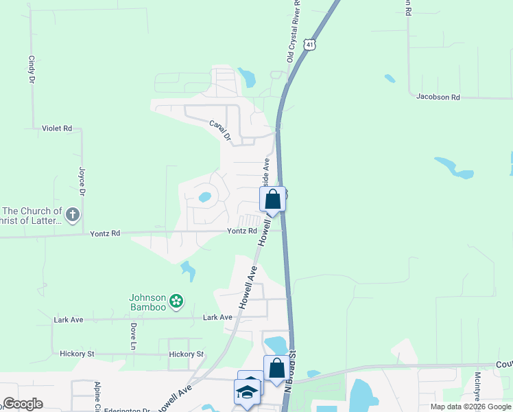 map of restaurants, bars, coffee shops, grocery stores, and more near 21390 Lehouier Drive in Brooksville