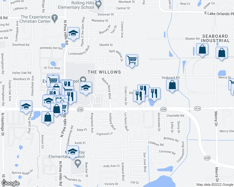 map of restaurants, bars, coffee shops, grocery stores, and more near 4757 Silver Star Road in Orlando