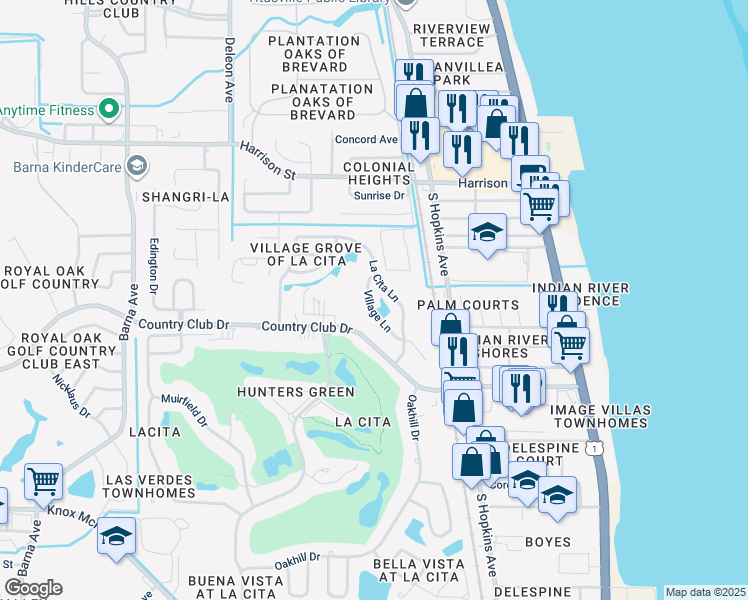 map of restaurants, bars, coffee shops, grocery stores, and more near 2650 Village Lane in Titusville