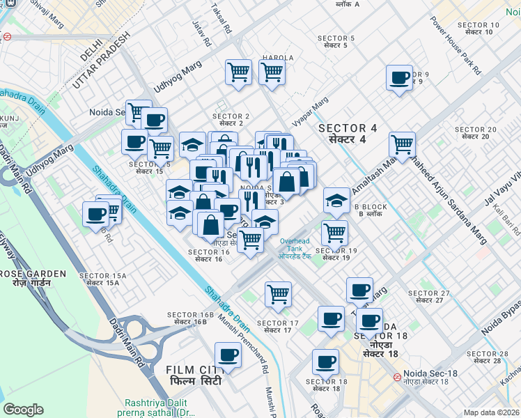 map of restaurants, bars, coffee shops, grocery stores, and more near in Noida