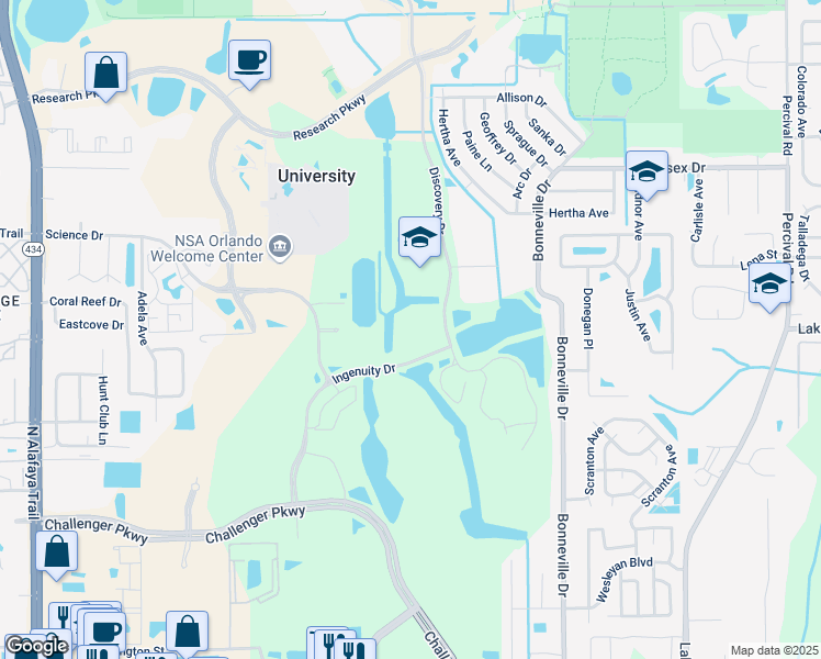 map of restaurants, bars, coffee shops, grocery stores, and more near 13501 Ingenuity Drive in Orlando