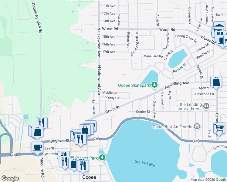 map of restaurants, bars, coffee shops, grocery stores, and more near 139 Mobile Lane in Ocoee
