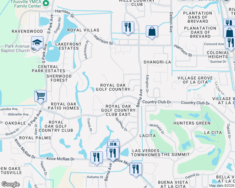 map of restaurants, bars, coffee shops, grocery stores, and more near 3204 Finsterwald Drive in Titusville