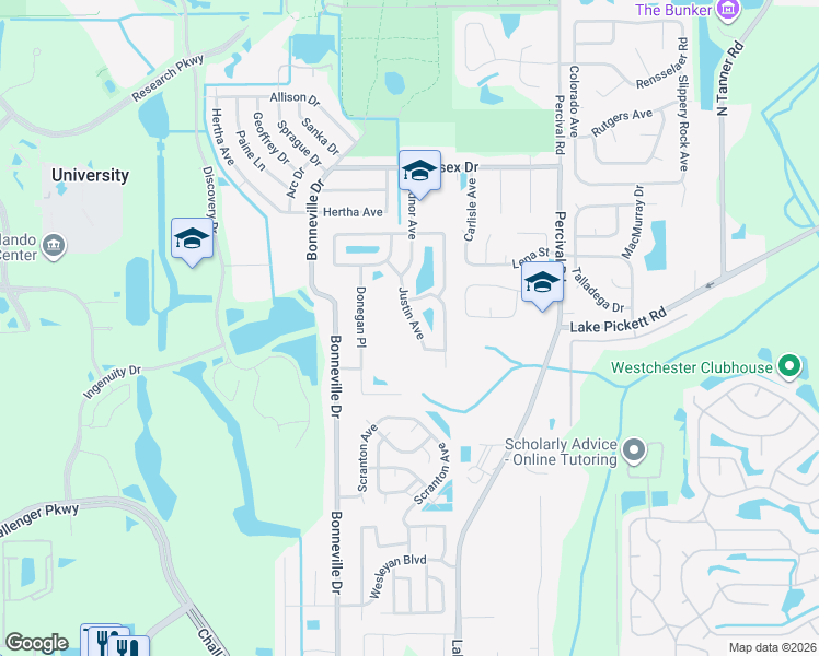 map of restaurants, bars, coffee shops, grocery stores, and more near 2214 Justin Avenue in Orlando