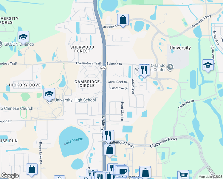 map of restaurants, bars, coffee shops, grocery stores, and more near 12101 Renaissance Court in Orlando