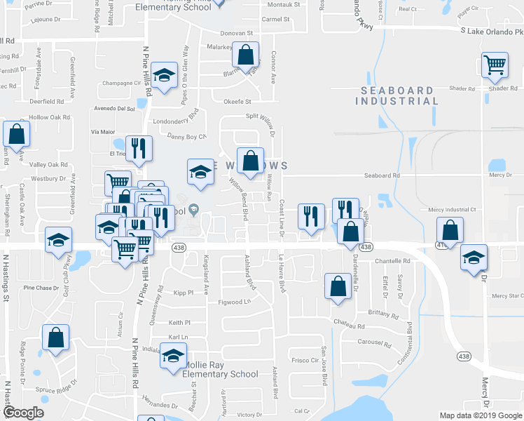 map of restaurants, bars, coffee shops, grocery stores, and more near 4757 Silver Star Road in Orlando