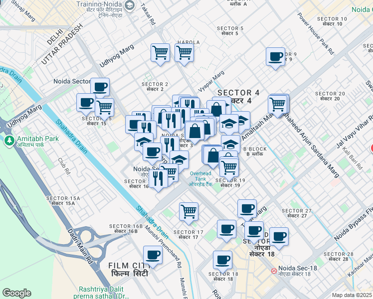 map of restaurants, bars, coffee shops, grocery stores, and more near in Noida