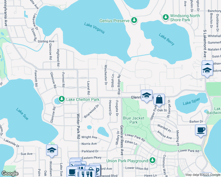 map of restaurants, bars, coffee shops, grocery stores, and more near 660 Arjay Way in Winter Park