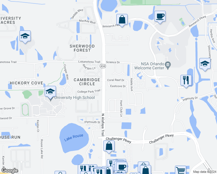 map of restaurants, bars, coffee shops, grocery stores, and more near 12230 Eastcove Drive in Orlando