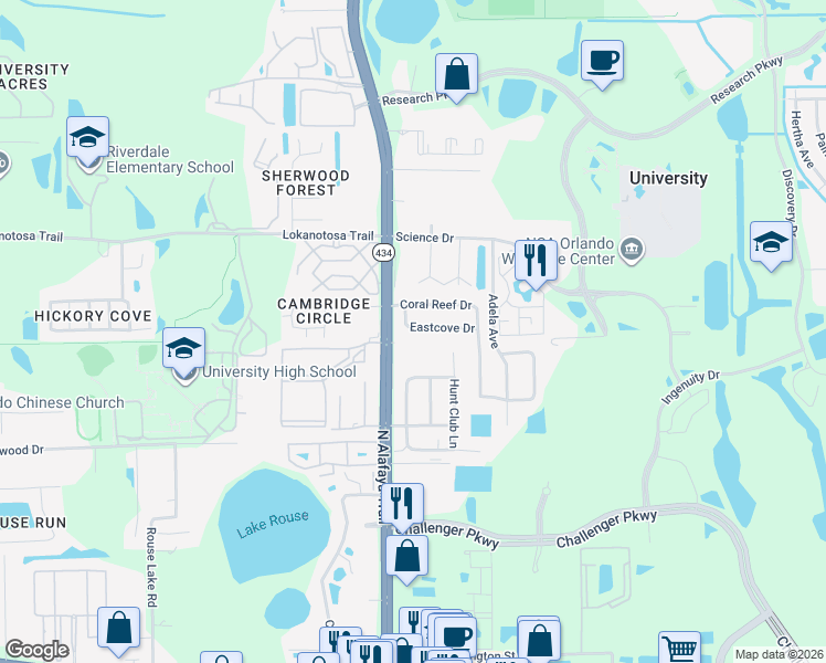 map of restaurants, bars, coffee shops, grocery stores, and more near 12101 Renaissance Court in Orlando