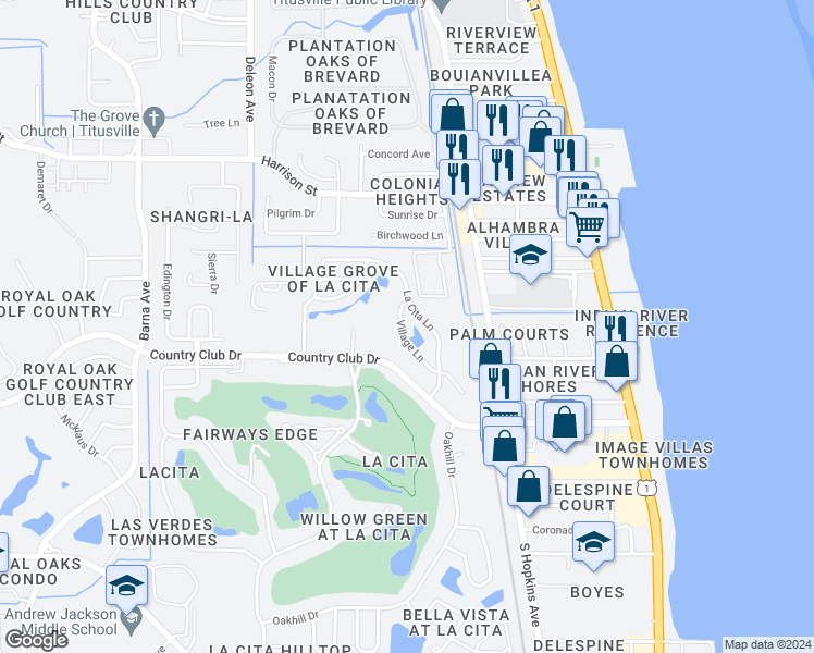 map of restaurants, bars, coffee shops, grocery stores, and more near 2656 Village Lane in Titusville