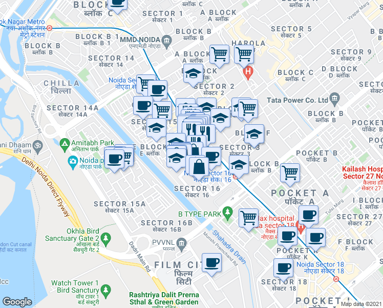 map of restaurants, bars, coffee shops, grocery stores, and more near in Noida