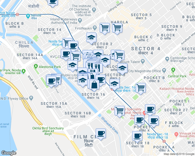 map of restaurants, bars, coffee shops, grocery stores, and more near in Faridabad