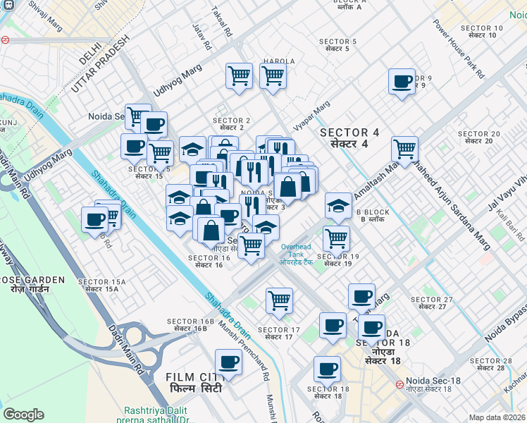 map of restaurants, bars, coffee shops, grocery stores, and more near in Noida