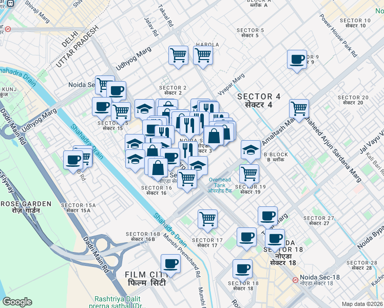 map of restaurants, bars, coffee shops, grocery stores, and more near in Noida