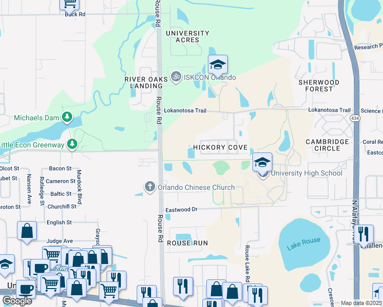 map of restaurants, bars, coffee shops, grocery stores, and more near 11220 Pinewood Cove Lane in Orlando