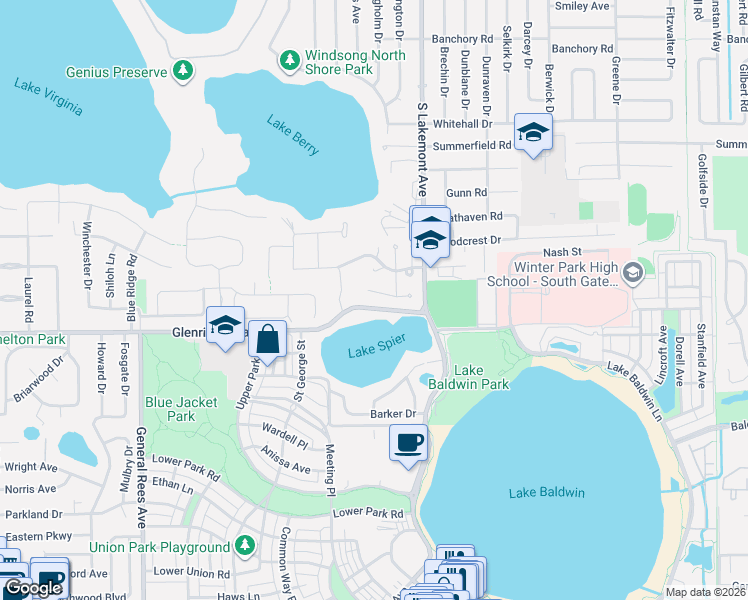 map of restaurants, bars, coffee shops, grocery stores, and more near 1810 Glenridge Way in Winter Park