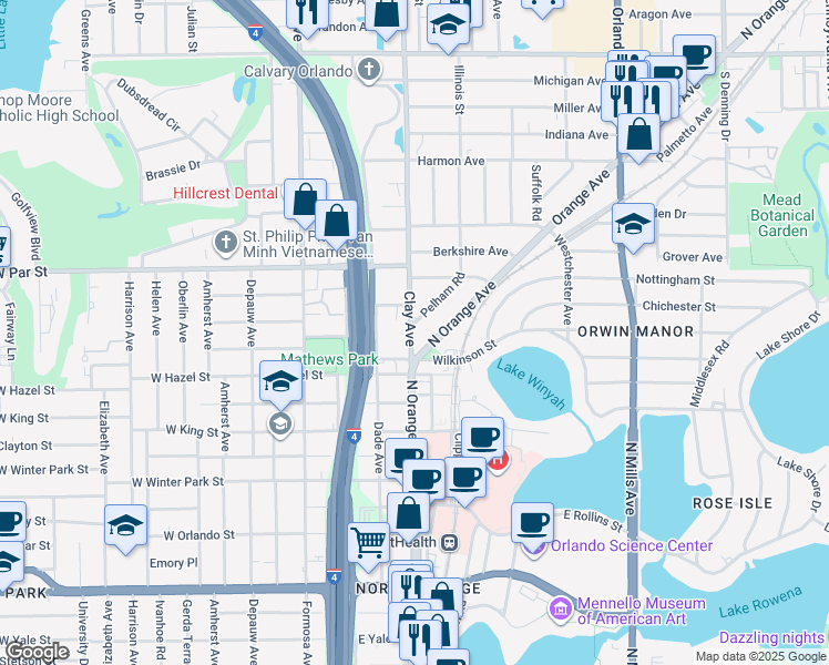 map of restaurants, bars, coffee shops, grocery stores, and more near 3100 Clay Avenue in Orlando