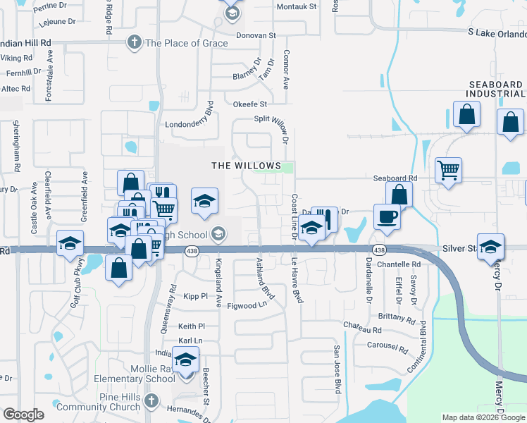 map of restaurants, bars, coffee shops, grocery stores, and more near 2713 Bent Willow Circle in Orlando