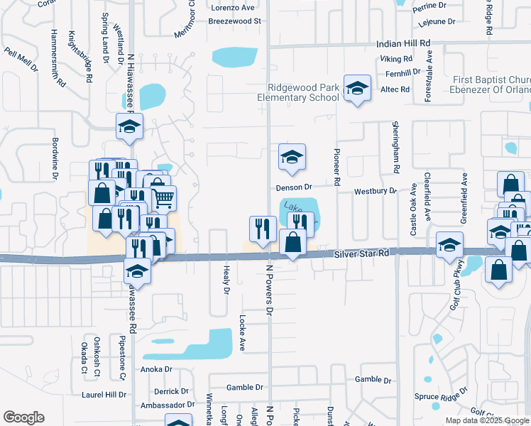 map of restaurants, bars, coffee shops, grocery stores, and more near 2650 North Powers Drive in Pine Hills