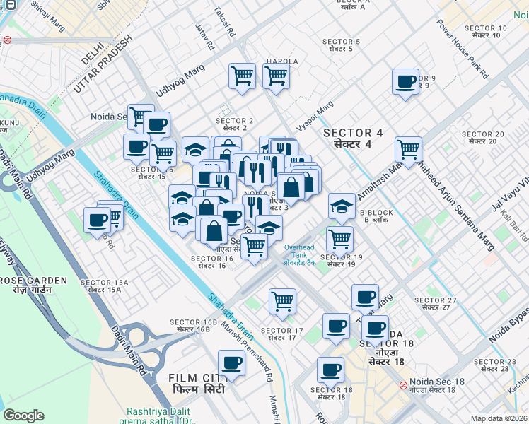 map of restaurants, bars, coffee shops, grocery stores, and more near in Noida