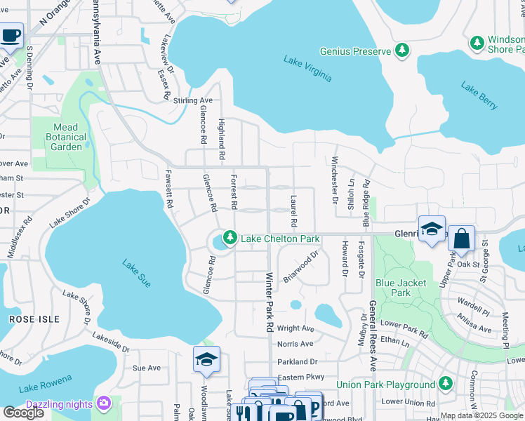 map of restaurants, bars, coffee shops, grocery stores, and more near 299 East Reading Way in Winter Park