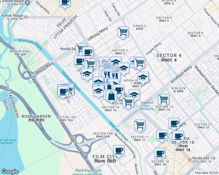 map of restaurants, bars, coffee shops, grocery stores, and more near in Noida