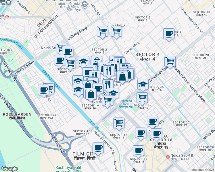 map of restaurants, bars, coffee shops, grocery stores, and more near in Noida