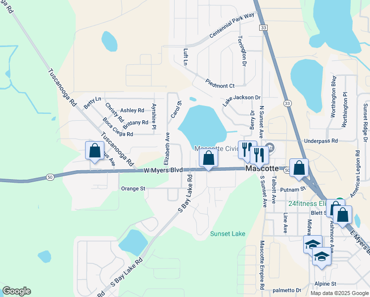 map of restaurants, bars, coffee shops, grocery stores, and more near 53 North Carol Avenue in Mascotte