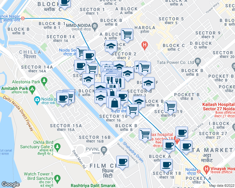 map of restaurants, bars, coffee shops, grocery stores, and more near in Faridabad