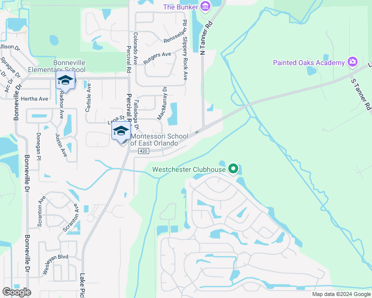 map of restaurants, bars, coffee shops, grocery stores, and more near 14338 Econ Woods Lane in Orlando