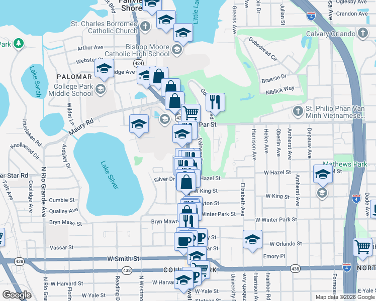 map of restaurants, bars, coffee shops, grocery stores, and more near 3124 Edgewater Drive in Orlando