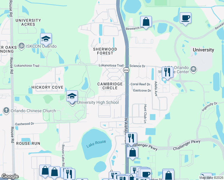 map of restaurants, bars, coffee shops, grocery stores, and more near 11751 College Park Trail in Orlando