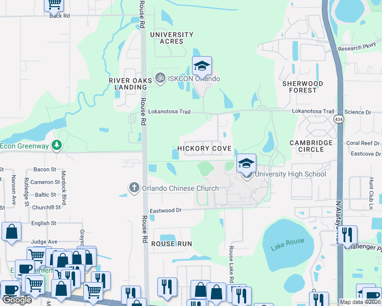 map of restaurants, bars, coffee shops, grocery stores, and more near 11256 Pinewood Cove Lane in Orlando