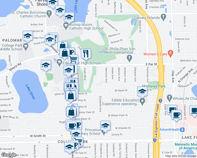 map of restaurants, bars, coffee shops, grocery stores, and more near 505 Hazel Court in Orlando
