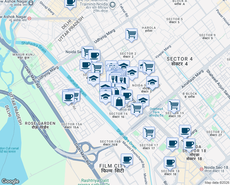 map of restaurants, bars, coffee shops, grocery stores, and more near in Noida