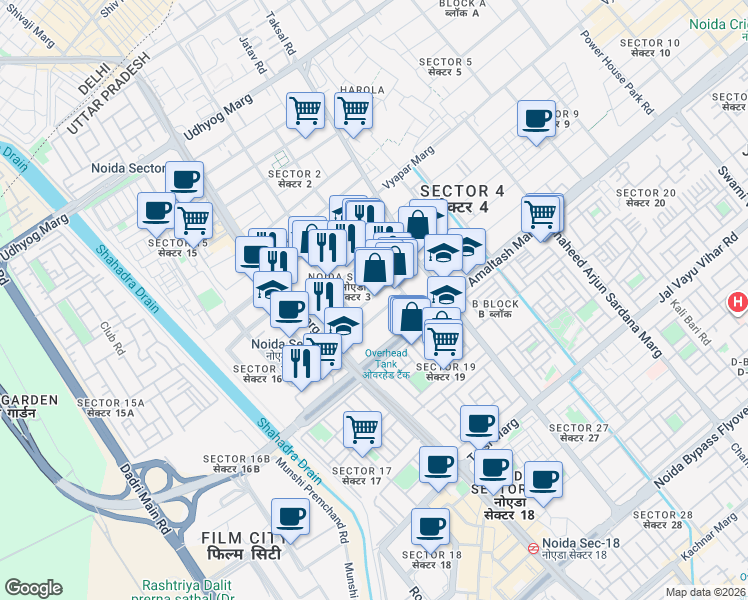 map of restaurants, bars, coffee shops, grocery stores, and more near in Noida