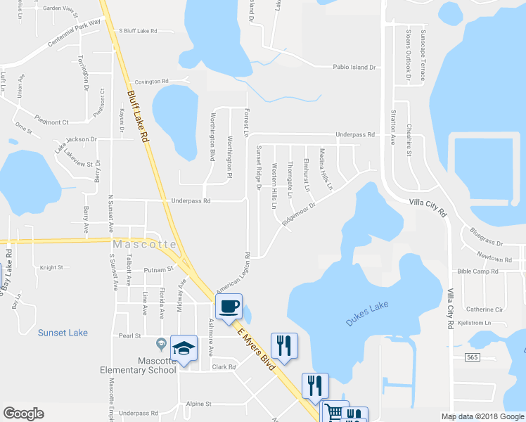 map of restaurants, bars, coffee shops, grocery stores, and more near 1742 Sunset Ridge Drive in Mascotte