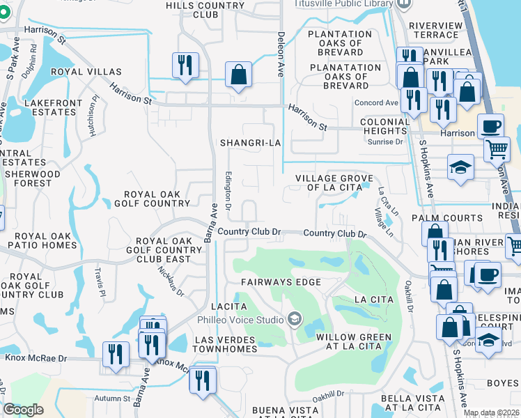 map of restaurants, bars, coffee shops, grocery stores, and more near 1106 Fulton Circle in Titusville