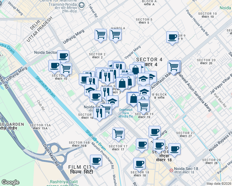 map of restaurants, bars, coffee shops, grocery stores, and more near in Noida