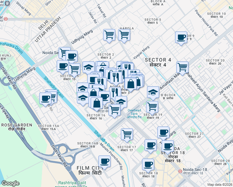 map of restaurants, bars, coffee shops, grocery stores, and more near in Noida