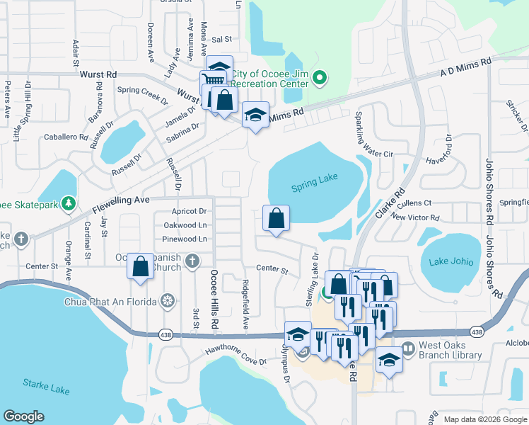 map of restaurants, bars, coffee shops, grocery stores, and more near 749 Vickers Lake Drive in Ocoee
